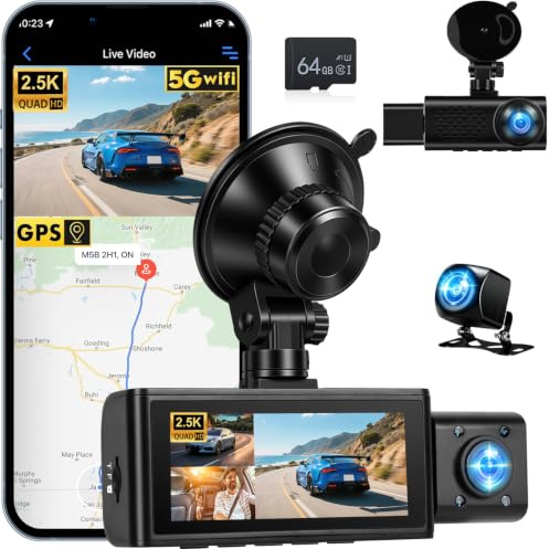 NHOPEEW Dash CAM 360° 2.5K con Cámara Frontal, Interior y Trasera, WiFi GPS Cámara para Coche, Visión Nocturna, Grabación en Bucle, G-Sensor, Tarjeta 64GB