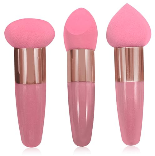 3 st applikator, 3 stilar våt och torr stor makeupsvamp med handtag, mjuk elastisk blandning svamp för smink
