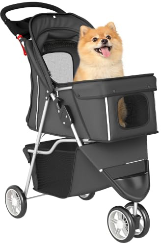 PawHut Carrito para Perros Pequeños Gatos Plegable Carga 10 kg Gris Oscuro | Cochecito para Perros con Cesta de Almacenaje, Ventanas de Malla, Portavasos y Ruedas, 77x44x102 cm