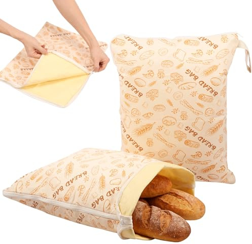 2Pack Reusable Beeswax Bread Bags for Freezer & Refrigerator 13x17inch Natural Organic Beeswax Sourdough Bread Storage Bags with Zipper Freshness Keeper for Homemade Bakery Essentials(Beige)
