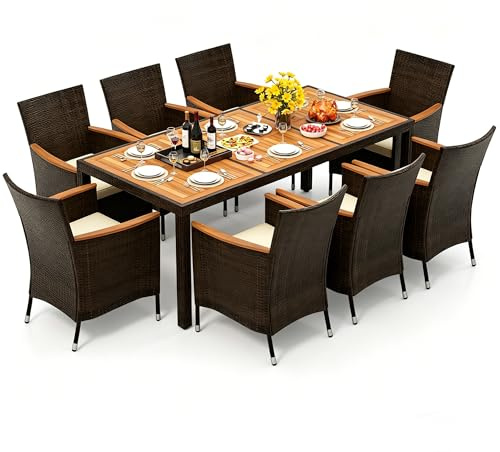 SOARS Set da Giardino Esterno 9 Pezzi, Tavolo e Sedie da Giardino in PE Rattan con Foro per Ombrellone 5 CM, Salotto da Esterno con Cuscini Morbidi per Terrazza e Patio, Portata 180 KG e 150 KG