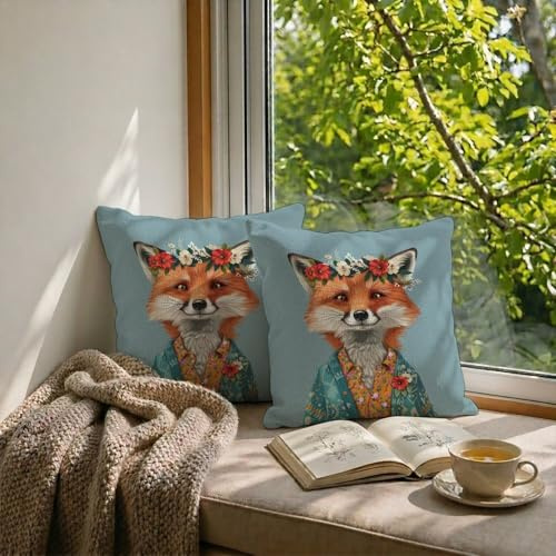 Federe Cuscini Impermeabili 40x40 cm, Set di 2 Esterno Decorativi Copricuscini in Lino Federe Cuscini Divano, Volpe Copricuscini con Cerniera Invisibile, Federa Cuscino per Giardino (Animale) W-F471