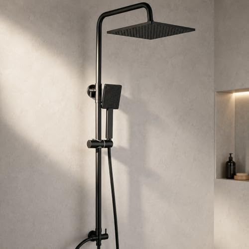 Columna de ducha termostática negra, conjunto de ducha completa con mezclador a 38°C, ducha de cabeza cuadrada lluvia, ducha de mano, altura ajustable, kit de ducha de pared para cuarto de baño