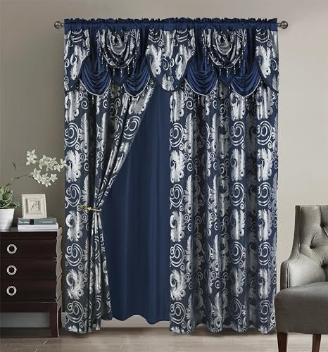 Golden Rugs Jacquard Luxury Window Panel Set Curtain with Attached Valance and Backing Bedroom Living Room Dining 110”X84” Jana Collection (Navy)