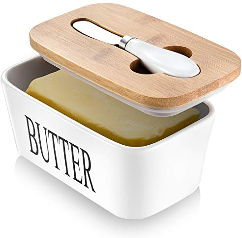 AISBUGUR Große Butterdose für 250g Butter - Butterdose mit Messer Keramik Butterdosen Double-Layer-Silikon-Dichtung Buttebox mit Deckel - Gute Küche Geschenk (Weiß) | Geeignete Kapazität, tolle Versiegelung, Heimdekoration, Küchengeschenk, Einweihungsgeschenk