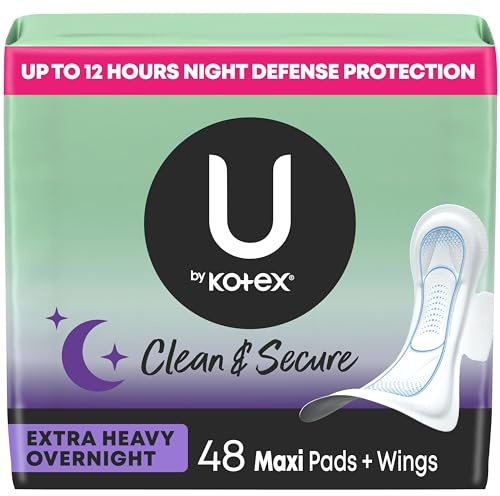 U by Kotex Clean & Secure Overnight Maxi Pads with Wings, Extra Heavy Absorbency, 48 Count (2 Packs of 24) (Packaging May Vary)