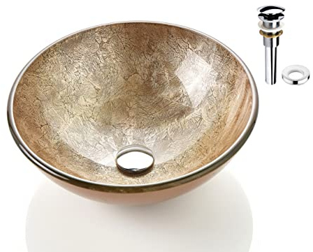 Fanwin Star Honeysuckle Series Round Tempered Deco Glass Vessel Bathroom Sink | Top Mount Sinks Above Countertop |Handicraft Vanity Countertop Sink Bowl with Pop Up Drain |FW-LA603