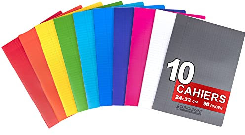 Conquérant Lot de 10 Cahiers Grands Carreaux Seyès 24x32 cm 96 Pages Agrafées 90 g, Couleurs Assortis
