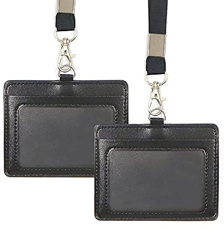 2 Stück Halteband Kartenhalter Horizontale Stil, PU Leder ID Kartenhalter mit Lanyard, 2-seitig Leder Ausweishülle mit 1 Ausweisfenster (Black)
