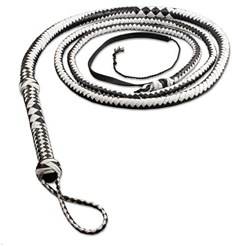 Indiana Jones Whip 12 fils en cuir de vache véritable noir et marron, poignée solide et bien équilibrée pour les craquelures avec 5 crackers supplémentaires (blanc noir, 3 m – 12 tresses)