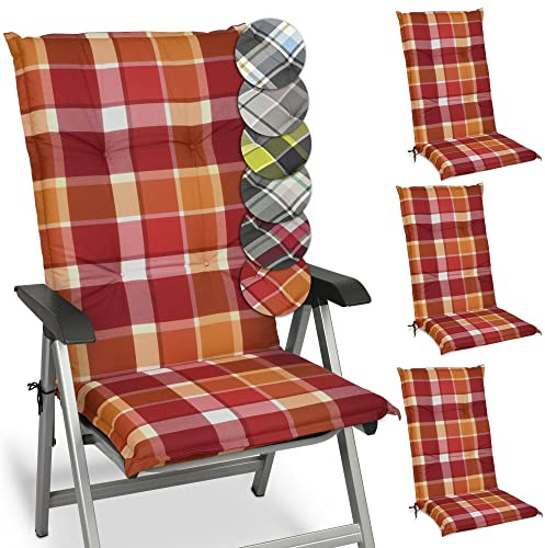 Beautissu 4er Set Hochlehner Auflagen für Gartenstühle rutschfest | 120x50cm Rot Kariert 6cm Dicke bequeme Polsterauflage Stuhlkissen Sitzauflage Polster Bequem UV-Lichtecht Kissen Sunny RO