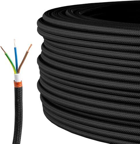 LEDSone 10 Meter 3 Core Electrical Round Wire Industrial Pendant Light Wires Flexible Round Electrical Cord Fabric Covered Lamp Wire for Earthed Pendant Lights with Durable & Stylish (Black)