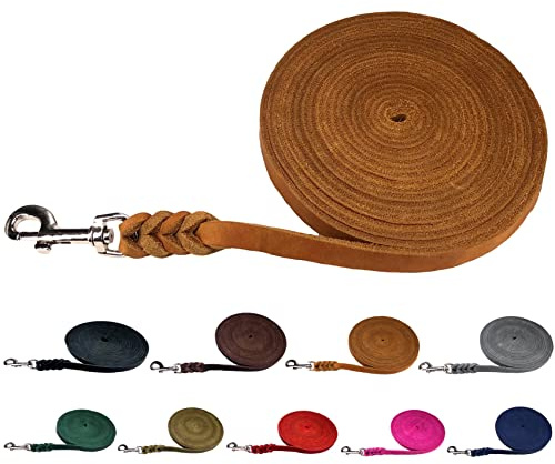 Hundeleine Fettleder Schleppleine kleine Hunde/Schleppleine große Hunde 3m / 5m / 10m / 15m / 20m Lederleine (Braun OHNE Handschlaufe, 7,5m / 15mm)