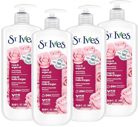 St. Ives Smoothing Hand & Body Lotion for Women with Pump, Daily Moisturizer Rose and Argan Oil for Dry Skin, Made with 100% Natural Moisturizers, 21 fl oz, 4 Pack