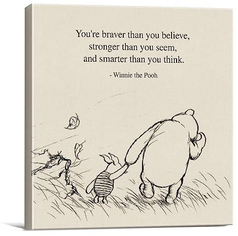 Dolimifa Classic Winnie the Pooh Quote Wall Art Decor Retro Braver Stronger Smarter Positive Sayings Canvas Painting Pictures Framed Print Sign Artwork Ready to Hang (8x8 Inches)