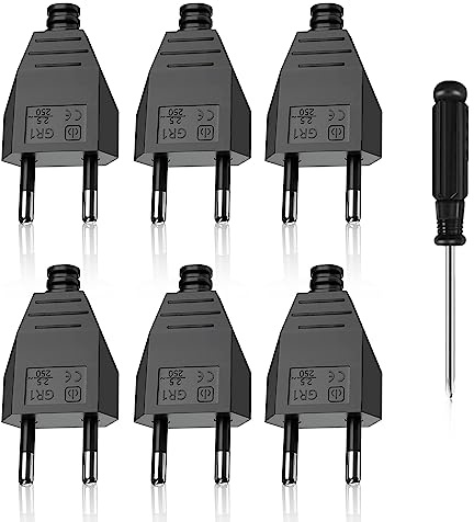 OMIGA 6 Piezas Enchufe Macho Clavija Bipolar Plano | Contactos Fabricados en Latón Niquelado +1 Piezas Destornillador 2.5A/250V Negro