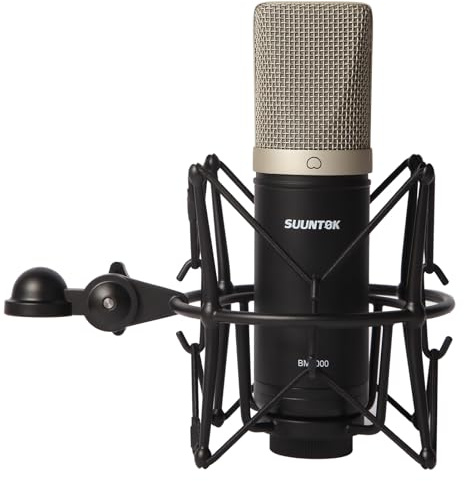 SUUNTOK Micrófono de condensador XLR, kit de micrófono cardioide de grabación profesional de diafragma grande con soporte de choque, para estudio, transmisión en vivo, podcas (negro)