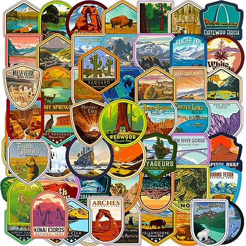 Bric Dodo 63 Stück National Park Aufkleber Auto Laptop Telefon Gitarre Skateboard Motorrad Fahrrad Nationalpark Stickers Set Vinyl Wasserdicht Aesthetic Aufkleber für Jugendliche Kinder Erwachsene