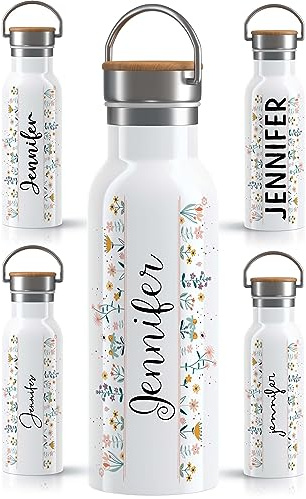 OWLBOOK Blumen Kringelschrift Trinkflasche personalisiert Erwachsene Frauen Edelstahl 600ml - Thermo Wasserflasche auslaufsicher schadstofffrei wiederverwendbar BPA frei - für Büro Sport & Outdoor