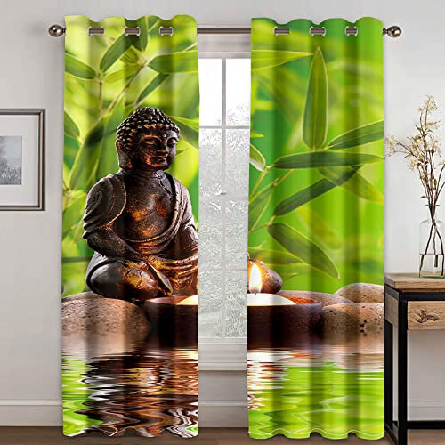 HOUKAI Vorhänge Kinderzimmer Junge 3D Grüner Buddha Zen Vorhänge Jungen Kinder Mädchen 200x214 cm Vorhänge Blickdicht Dekor Schlafzimmer, Verdunkelungs Fenster Vorhang Panels, Gardinen Mit Ösen