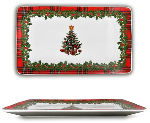 ARCA, Vassoio in Porcellana Rettangolare, con Decorazione Natalizia Scozzese, Resistente e Duraturo, Idale per la Tavola, Idea Regalo Natale, 34x20 cm