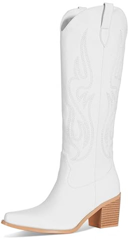 MIRAAZZURRA Cowboy Stiefel Damen Westernstiefel Spitze Zehe Stickerei Cowgirl Stiefel Block Weitschaftstiefel Kniehohe Boots Weiß EU 40