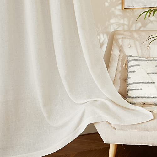 PONY DANCE Leinen Vorhang 200cm Lang Halbtransparente Gardinen Kräuselband | Creme,2er Set,H200 x B140 cm,Schienensystem Gardinen Leinenoptik,Boho Leinenvorhang Wohnzimmer,Linen Curtains Living Room