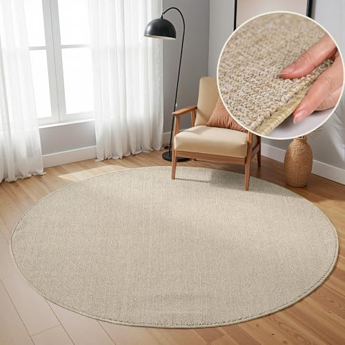 SIMPEX Runder Teppich 200 cm Beige, Einfarbig & Weich, Moderner Schlingenflor für Wohnzimmer oder Essbereich, Pflegeleichtes Wohnaccessoire