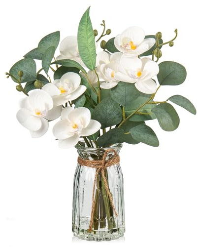 Oairse Orchid Artificial Flowers with Eucalyptus Leaves in Glass Vase with Faux Water Artificial Flowers Decorations Fake Flowers Like Real with Real Touch Flower Table Windowsill Decor