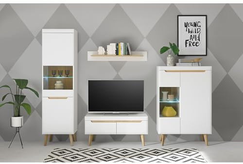 Lomadox Anbauwand in Weiß Matt mit Eiche, 4-teilig, Standvitrine, TV-Lowboard, Wandboard, Vitrine