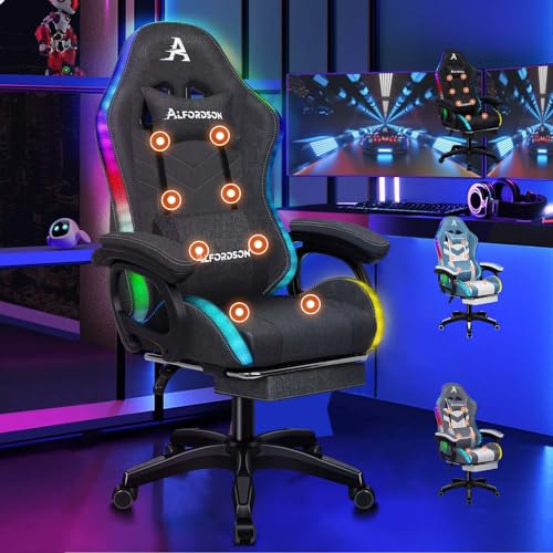ALFORDSON Gaming Stuhl mit 8-Punkt Massage 12 Farben RGB LED-Licht, Bürostuhl Ergonomisch mit fußstützen, Kopfstütze Lendenkissen für Kinder Erwachsene, Stoffmaterial, Grau