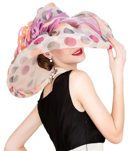 CHFYIJYHM Damen-Hut mit übergroßer Krempe, Gepunkteter Organza-Zylinder, Strand-Sonnenhut, Sonnenstrohhut, Blumen-Fedora-Hut Hüte(Pnnrk Dot)