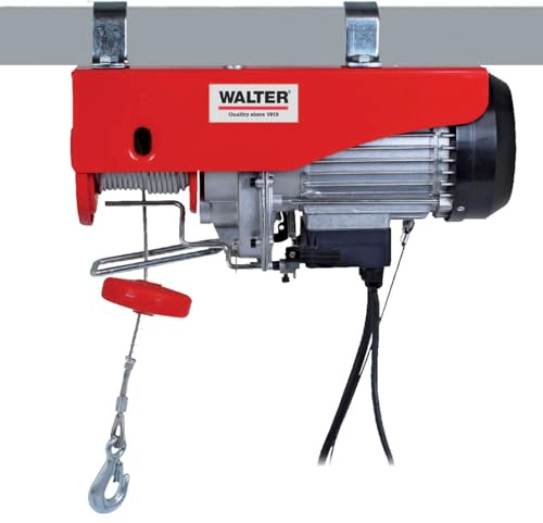 WALTER Seilhebezug 1200 W, Hebekraft bis 600 kg, Hebehöhe bis 12 m, Not-Aus-Schalter, Auto-Stopp, thermischer Überlastschutz, Flaschenzug-Montage, IP54, für Innenräume