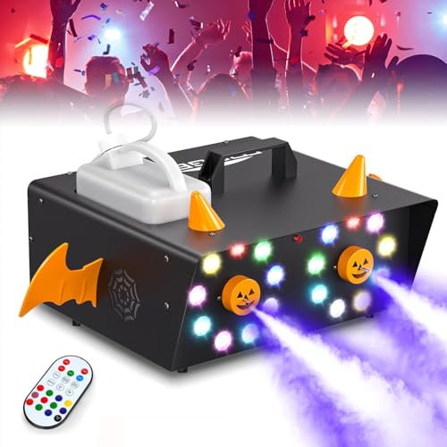Máquinas de humo, máquina de humo portátil de 1,2 L, máquina de humo de fiesta de 1500 W con 18 luces LED RGB y control remoto, larga vida útil, para Halloween, efectos de escenario, fiestas