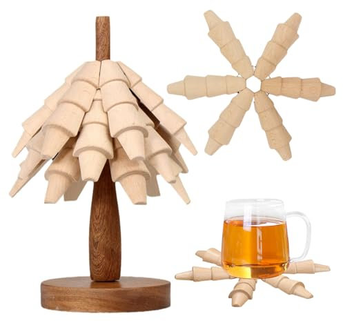 Xafrstyu Ensemble de sous-Plat en Bois Design Arbre pour Plats Chauds, 3 Pièces Tapis Résistants à la Chaleur pour Protection de Cuisine et Table à Manger (1 Stand + 3 Trivet)