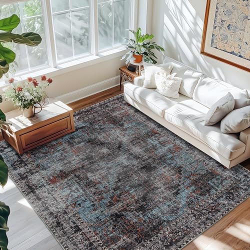 Taleta KALU Washable Rugs Living Room Large Black Non Slip Vintage Oriental Area Rug Soft Short Pile Carpet for Kitchen Dining Room Bedroom (Black, 160 x 230 cm)