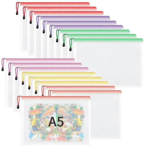 Smarpau Dokumententasche A5, 18 Stück Wasserdichte Mesh Zip Beutel | Mesh Kunststoff Dokumententasche für Datei, Papier, Dokumente, Kosmetika, Hausaufgaben und Reisezubehör (6 Farben)