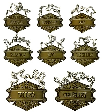 8PCS Liquor Decanter Tags-Gin, Vodka, Bourbon, Whiskey, Brandy, Rum, Scotch, Tequila/Adjustable Chain Bottle Labels/Brass