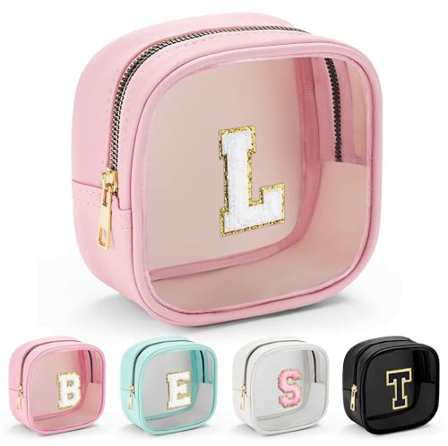 Parima Personalisierte Kosmetiktasche Mädchen - Rosa Make up Tasche Transparent Kulturbeutel Damen Geschenke für Mädchen Frauen Personalisierte Geschenke für Frauen Kosmetiktasche mit Buchstaben L