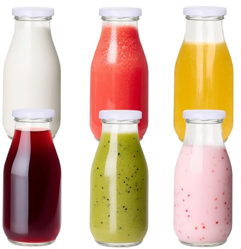 EkkoVla 330ml Glass Milk Bottles with Gingham Lids, 6 Pack Mini Juice Bottles – for Cordials, Smoothies, Wedding Favours & Party Decor