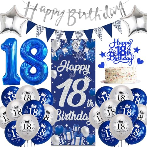 Deko 18. Geburtstag Junge Mädchen - Blau Silber Geburtstagsdeko mit Lange Happy 18. Birthday Banner Wimpel, XXL Zahl 18 Ballons Kuchen Deko für Frauen Männer Geburtstagsparty