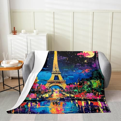 Homemissing Eiffel Tower Flannel Fleece Throw Blanket Queen 90x90Inch Kids Paris Night Fuzzy Blanket for Sofa Couch Teens Romantic All Season Bed Bedroom Decor