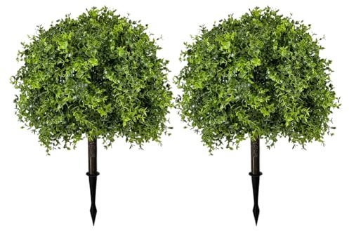 JOYWU Set of 2 Artificial Boxwood Topiary Ball Trees with Red Flowers for Outdoor with Ground Spike 70cm, UV Resistant Faux Greenery Shrubs Bushes, Fake Plants for Garden, Yard, Porch, Patio Decor (B)