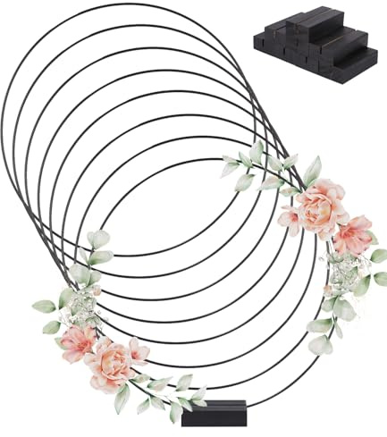 8 Stück 30cm Metallringe zum Basteln Gold mit Holzständer mit Fuß, Schwarz | Metallringe mit 8 Stück Holzständern Drahtringe Deko Ringe für Hochzeitskranz, Weihnachtsdekoration, Traumfänger DIY Handwerk