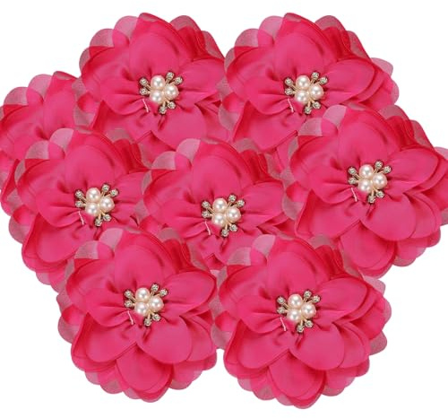 PATIKIL 3.15 Inch Chiffon Flowers, 10 Pcs Fabric Flowers Rhinestone Pearl Large Camellia Sewing Appliques for DIY Crafts Dresses Clothing Headbands Wedding Party Decoration, Hot Pink