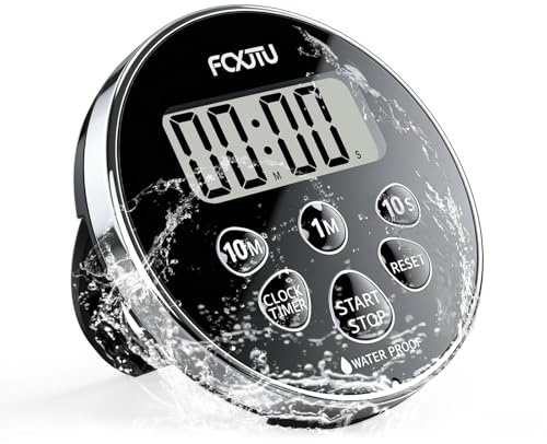 FCXJTU Wasserdichter Badezimmer-Dusch-Timer mit magnetischer Rückseite und faltbarem Ständer, IPX7 12/24H Duschuhr, 99 Min 50 Sekunden Countdown, lauter Alarm, einfache Einrichtung für Küche