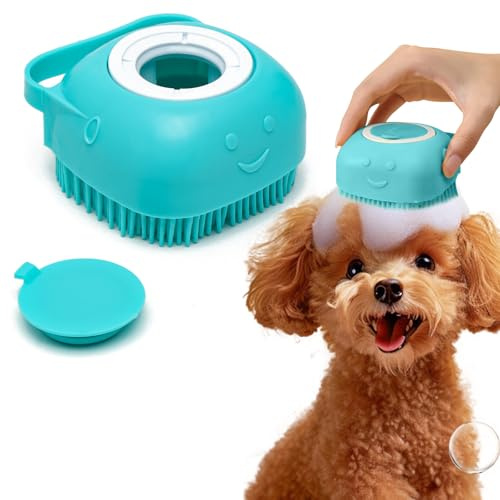 PETCUTE Badebürste für Hunde und Katze,Hund Shampoo Bürste für Baden,Leichtgewicht Waschbar Hundebürste mit Seifenspender,Loop Handle für Langhaarige und kurzhaarige Hunde Katzen Doggie,Blau