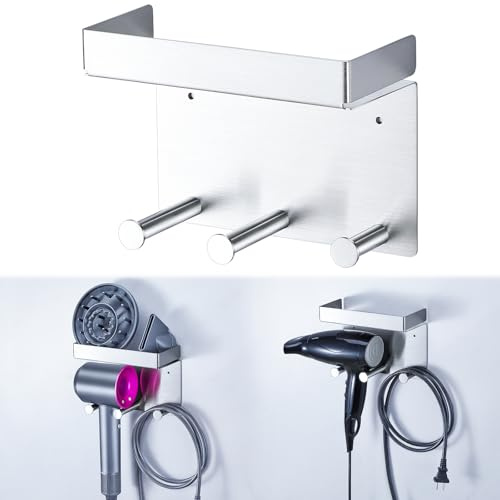 Hairdryer Holder Wall Mounted, Storage Holder for Hair Dryer and Diffuser, Stainless Steel Hairbrush Hair Tools Organiser, Adhesive Hairdryer Stand with Plug&Cord Organizer for Bathroom, Silver