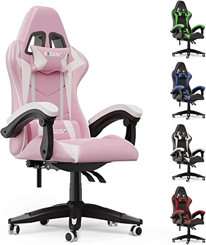 bigzzia Gaming Stuhl Ergonomisch Gaming Chair mit Lendenkissen und Kopfstütze, Gamer Stuhl Höhenverstellbar, Pc Stuhl für Erwachsene Mädchen Junge, Rosa
