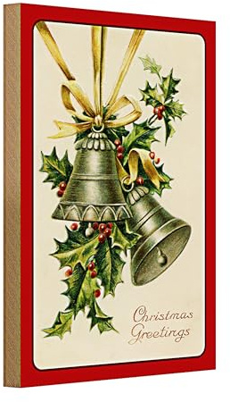 Targa natalizia in legno | Natale Greetings | Campane e agrifoglio | 20 cm x 30 cm